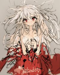 Rule 34 | 1girl, arms up, artist name, bad id, bad pixiv id, bare shoulders, dress, english text, floating hair, heart, light smile, long hair, looking at viewer, original, qtonagi, red eyes, sleeveless, solo, standing, white hair