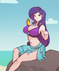 Rule 34 | 1girl, beach, bikini, breasts, cleavage, hasbro, highres, large breasts, looking at viewer, lotion, my little pony, my little pony: equestria girls, my little pony: friendship is magic, navel, purple hair, rarity (my little pony), rock, sarong, scorpdk, sitting, sitting on rock, smile, solo, sunscreen, swimsuit, thighs