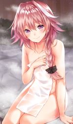 Rule 34 | 1boy, anza tomo, astolfo (fate), black bow, bow, braid, closed mouth, covering privates, fang, fate/apocrypha, fate/grand order, fate (series), hair between eyes, hair bow, hair intakes, hair over shoulder, hair ribbon, highres, holding, holding towel, long hair, male focus, multicolored hair, nude, nude cover, onsen, outdoors, pink hair, purple eyes, ribbon, see-through, single braid, sitting, smile, steam, stone floor, streaked hair, tareme, thighs, towel, trap, white hair, white towel