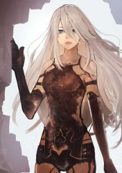 Rule 34 | 1girl, android, aqua eyes, armlet, backlighting, bare shoulders, black gloves, black shorts, breasts, collarbone, commentary, edamamebig, elbow gloves, gloves, highres, joints, long hair, medium breasts, micro shorts, mole, mole under mouth, nier:automata, nier (series), robot joints, shorts, simple background, solo, tank top, white hair, a2 (nier:automata)