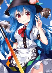 Rule 34 | 1girl, black hat, blue hair, blue skirt, bow, breasts, center frills, cloud, commentary request, cowboy shot, day, floating island, food, frills, fruit, hair between eyes, hand up, hat, highres, hinanawi tenshi, long hair, looking at viewer, one-hour drawing challenge, outdoors, peach, petticoat, puffy short sleeves, puffy sleeves, red bow, red eyes, red neckwear, ruu (tksymkw), shirt, short sleeves, skirt, sky, small breasts, solo, sword of hisou, touhou, very long hair, white shirt, wind, wind lift