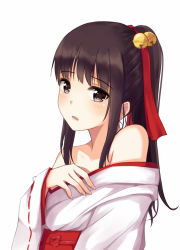 Rule 34 | 1girl, bare shoulders, bell, black eyes, black hair, blush, bow, collarbone, female focus, hair ornament, hair ribbon, highres, itachi kanade, japanese clothes, long hair, long sleeves, looking at viewer, miko, open mouth, original, ponytail, red bow, red ribbon, ribbon, simple background, solo, traditional clothes