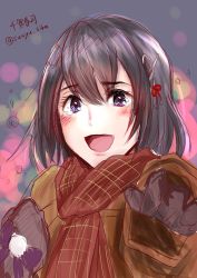 Rule 34 | 1girl, :d, alternate costume, artist name, black gloves, black hair, blurry, bokeh, commentary request, depth of field, gloves, haguro (kancolle), hair ornament, hairclip, happy tears, highres, kantai collection, open mouth, purple eyes, red scarf, scarf, short hair, smile, solo, suuyu siba, tears, traditional media, twitter username
