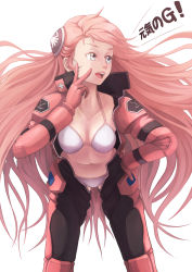 Rule 34 | 1girl, :d, absurdres, aida rayhunton, bad id, bad pixiv id, blue eyes, bodysuit, bra, breasts, cowboy shot, gloves, grey eyes, gundam, gundam g no reconguista, hair ornament, hand on own hip, high collar, highres, long hair, long sleeves, looking to the side, medium breasts, minusion, open clothes, open mouth, open shirt, panties, pilot suit, pink hair, shirt, simple background, smile, solo, standing, swept bangs, underwear, v, very long hair, white background, white bra, white panties