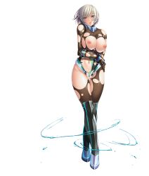 Rule 34 | 1girl, absurdres, aikawa arisa, armor, black thighhighs, blue eyes, bodysuit, bodysuit under clothes, breasts, broken armor, closed mouth, commentary request, covered navel, curvy, eyes visible through hair, faulds, female focus, foreshortening, frown, full body, gloves, glowing, gorget, hair between eyes, highres, holding, holding weapon, hydrokinesis, laetitia bellmer, large breasts, leotard, looking at viewer, navel, neon trim, nipples, official art, polearm, shiny clothes, simple background, skin tight, solo, spear, standing, taimanin (series), taimanin asagi kessen arena, taimanin rpgx, thighhighs, thighs, water, water drop, weapon, white background, white hair