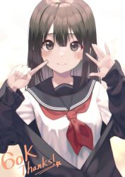 Rule 34 | 1girl, black eyes, black sailor collar, blush, brown hair, closed mouth, commentary, english commentary, english text, female focus, finger to cheek, hair between eyes, hands up, kanzi, long hair, long sleeves, looking at viewer, neckerchief, original, sailor collar, school uniform, serafuku, simple background, solo, tagme, white background