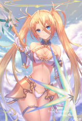Rule 34 | 1girl, aa-aster, armor, bare shoulders, bikini, blonde hair, blue eyes, blue sky, blush, bradamante (fate), bradamante (third ascension) (fate), braid, breasts, cleavage, closed mouth, collarbone, elbow gloves, energy barrier, energy shield, fate/grand order, fate (series), faulds, french braid, gloves, hair between eyes, halo, highleg, highleg bikini, highres, hip focus, large breasts, long hair, looking at viewer, navel, sky, smile, solo, swimsuit, thigh strap, thighs, twintails, very long hair, weapon