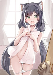 Rule 34 | 1boy, 1girl, absurdres, animal ear fluff, animal ears, black hair, blush, bra, bra peek, cat ears, cat girl, cat tail, doorknob, dressing, embarrassed, fang, green eyes, highres, indoors, karyl (princess connect!), long hair, low twintails, midriff, multicolored hair, navel, panties, panty pull, pov, pov hands, princess connect!, shirt, sleeveless, sleeveless shirt, standing, stomach, streaked hair, tail, thighs, twintails, underwear, very long hair, white bra, white hair, white panties, white shirt, window, yoru (user vewa8437)
