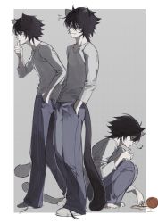 Rule 34 | 3boys, animal ears, bags under eyes, barefoot, black hair, cat ears, cat tail, death note, full body, hand on own chin, hands in pockets, highres, kemonomimi mode, l (death note), male focus, multiple boys, puppetjackmj, shoes, smile, sneakers, squatting, standing, stroking own chin, tail, yarn