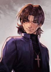 Rule 34 | 1boy, black shirt, brown eyes, brown hair, cheekbones, closed mouth, coat, cross, cross necklace, fate/stay night, fate (series), grin, hungry clicker, jewelry, kotomine kirei, latin cross, long sleeves, male focus, manly, necklace, parted bangs, purple coat, shirt, simple background, smile, smirk, solo, standing, upper body