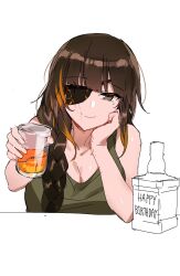 1girl alcohol black_hair blonde_hair braid breasts brown_eyes cleavage cup drinking_glass eyepatch girls&#039;_frontline hand_on_own_cheek hand_on_own_face happy_birthday head_on_hand head_rest highres incoming_drink liquor long_hair looking_at_viewer m16a1_(girls&#039;_frontline) mole mole_under_eye multicolored_hair ndgd scar scar_on_face shot_glass smile solo streaked_hair tank_top whiskey