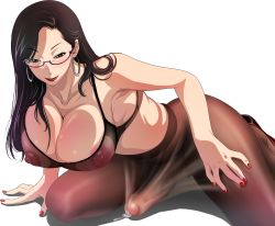 Rule 34 | 1girl, black hair, bra, breasts, brown eyes, cleavage, earrings, erection, fingernails, futanari, glasses, highres, jewelry, large breasts, lipstick, long hair, makeup, nail polish, original, pantyhose, penis, precum, red nails, smile, solo, testicles, third-party edit, transparent background, uncensored, underwear, upside down (gian2)