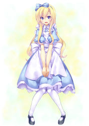 Rule 34 | 1girl, alice (alice in wonderland), alice in wonderland, apron, bad id, bad nicoseiga id, black footwear, blonde hair, blue bow, blue eyes, blush, bow, dress, eyelashes, hair bow, hairband, ichijou hitoshi, knees together feet apart, long hair, looking at viewer, mary janes, open mouth, pantyhose, pigeon-toed, puffy sleeves, shoes, short sleeves, solo, v arms, very long hair, white pantyhose
