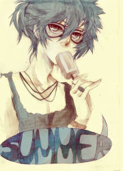 Rule 34 | androgynous, artist request, blue eyes, blue hair, food, gender request, glasses, matching hair/eyes, popsicle, solo, summer
