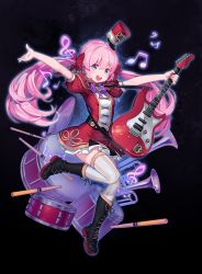 Rule 34 | 1girl, :d, beamed sixteenth notes, black thighhighs, blue eyes, boots, bow, cross-laced footwear, cymbals, drum, drumsticks, electric guitar, frilled skirt, frills, guitar, hair between eyes, hair bow, hat, highres, holding, holding instrument, instrument, jacket, lace-up boots, lim jaejin, long hair, mini hat, musical note, open mouth, outstretched arms, pink hair, pleated skirt, puffy short sleeves, puffy sleeves, red bow, red hat, red jacket, red skirt, round teeth, shako cap, short sleeves, skirt, smile, solo, soulworker, sparkle, spread arms, stella unibell, striped clothes, striped thighhighs, teeth, thighhighs, thighhighs under boots, treble clef, trumpet, twintails, unworn hat, unworn headwear, upper teeth only, vertical-striped clothes, vertical-striped thighhighs, very long hair, white thighhighs