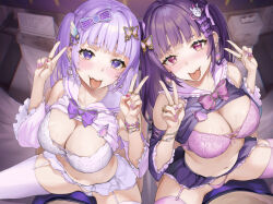 Rule 34 | 2boys, 2girls, bare shoulders, blush, bra, bracelet, breasts, cleavage, clothes lift, collarbone, double v, ear piercing, fang, fingernails, garter straps, girl on top, hair ornament, hairclip, hetero, highres, jewelry, large breasts, light purple hair, long hair, looking at viewer, multiple boys, multiple girls, nail polish, navel, original, piercing, purple hair, purple nails, ring, sage joh, shirt lift, skin fang, smile, straddling, tongue, tongue out, underwear, v