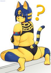 Rule 34 | 1girl, :&lt;, ?, animal crossing, animal ears, ankha (animal crossing), ass, breasts, cat ears, cat tail, closed mouth, colored skin, commentary, english commentary, furry, furry female, highres, jewelry, large breasts, legs, looking back, md5 mismatch, nintendo, panties, plump, poyoart, self-upload, sitting, solo, tail, thick thighs, thighs, twitter username, underboob, underwear, watermark, yellow skin