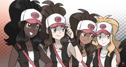 4girls alternate_hair_color alternate_skin_color artist_request baseball_cap black_hair blonde_hair blue_eyes bracelet brown_eyes brown_hair creatures_(company) dark-skinned_female dark_skin game_freak hand_on_another&#039;s_shoulder hat hilda_(pokemon) holding holding_hat holding_unworn_clothes jewelry multiple_girls multiple_persona nintendo pokemon pokemon_bw ponytail smile source_request yellow_eyes