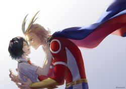 Rule 34 | 2boys, aged down, all might, alternate hairstyle, antenna hair, black hair, blonde hair, blue cape, blue eyes, blush, bodysuit, boku no hero academia, cape, commentary, english commentary, eraser head (boku no hero academia), eye contact, face-to-face, from side, hair slicked back, highres, hug, long sleeves, looking at another, male focus, multiple boys, necktie, open mouth, pushing away, red bodysuit, red cape, red neckwear, short hair, short sleeves, simple background, smile, superhero costume, teeth, twitter username, two-sided cape, two-sided fabric, upper body, upper teeth only, xianxianzi, yaoi