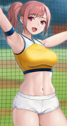 Rule 34 | 1girl, :d, armband, blue armband, breasts, cheerleader, commentary request, dolphin shorts, hashi, looking back, medium breasts, navel, open mouth, original, ponytail, red eyes, red hair, shorts, smile, swept bangs, thick thighs, thighs, toned