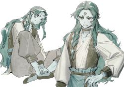 Rule 34 | 1boy, braid, choker, diting (the legend of luoxiaohei), gihuta hiroshi, green hair, hand on own hip, highres, lanxi zhen, long hair, long sleeves, multiple views, parted bangs, pointy ears, simple background, luo xiaohei zhanji, very long hair, white background