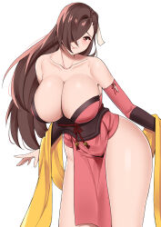 Rule 34 | 1girl, absurdres, breasts, brown hair, cleavage, detached sleeves, fire emblem, fire emblem fates, hair ornament, hair over one eye, highres, kagero (fire emblem), large breasts, long hair, looking at viewer, nintendo, omenion, standing, thick thighs, thighs, white background