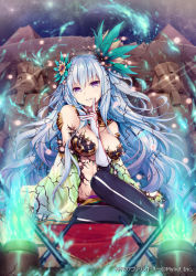 Rule 34 | 1girl, akkijin, blue hair, fire, flower, gloves, hair flower, hair ornament, looking at viewer, night, night sky, purple eyes, pyramid (structure), shinkai no valkyrie, sitting, sky, smile, solo, statue, thighhighs