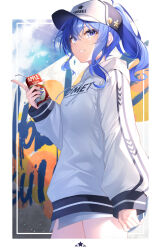Rule 34 | 1girl, badge, baseball cap, blue eyes, blue hair, blue nails, blue sky, border, character name, clothes writing, cloud, crossed bangs, drawstring, drink, drinking straw, earrings, english text, floral print, glint, grin, hair between eyes, hat, highres, holding, holding drink, hololive, hood, hoodie, hoshimachi suisei, jewelry, looking at viewer, nail polish, pig print, sidelocks, sky, sleeves past wrists, smile, solo, star (symbol), star in eye, symbol in eye, takuro (taku3949), virtual youtuber, white border, white hat, white hoodie