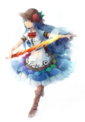 Rule 34 | 1girl, blue hair, boots, contrapposto, cross-laced footwear, dress, food, frilled skirt, frills, fruit, full body, hat, highres, hinanawi tenshi, layered dress, long hair, looking at viewer, outstretched arm, peach, red eyes, ribbon, short sleeves, simple background, skirt, smile, solo, standing, standing on one leg, sword of hisou, touhou, very long hair, white background, yuren