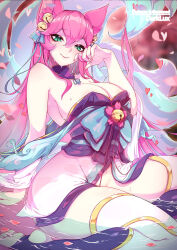Rule 34 | 1girl, ahri (league of legends), animal ears, bare shoulders, bell, bottomless, breasts, closed mouth, darklux, falling petals, fox ears, green eyes, hand up, japanese clothes, large breasts, league of legends, long hair, looking at viewer, official alternate costume, official alternate hair color, petals, petals on liquid, pink hair, sitting, smile, spirit blossom (league of legends), spirit blossom ahri, stirrup legwear, thighlet, thighs, toeless legwear, toes, wariza, water, wet