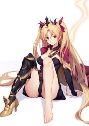 Rule 34 | 1girl, asymmetrical legwear, asymmetrical sleeves, between breasts, blonde hair, blush, breasts, cape, detached collar, earrings, ereshkigal (fate), fate/grand order, fate (series), feet, fur-trimmed cape, fur trim, gold trim, hoop earrings, infinity symbol, jewelry, knees up, large breasts, legs, long hair, looking at viewer, meslamtaea (weapon), multicolored cape, multicolored clothes, necklace, parted bangs, red cape, red eyes, sakanasoko, simple background, single thighhigh, sitting, skull, solo, spine, thighhighs, tiara, two side up, uneven legwear, uneven sleeves, white background, yellow cape