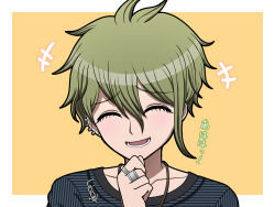 1boy :d amami_rantaro border closed_eyes collarbone danganronpa_(series) danganronpa_v3:_killing_harmony green_hair hand_on_own_chin highres jewelry lower_teeth_only male_focus messy_hair necklace open_mouth orange_background portrait ring shirt short_hair smile solo striped_clothes striped_shirt suiren_yurei teeth translation_request white_border