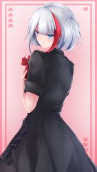Rule 34 | 1girl, absurdres, admiral graf spee (azur lane), admiral graf spee (girl&#039;s sunday) (azur lane), azur lane, black dress, blue eyes, blush, commentary request, dress, expressionless, from behind, gift, hands up, highres, holding, holding gift, looking at viewer, looking back, medium hair, multicolored hair, official alternate costume, osatou (soul of sugar), red hair, silver hair, solo, streaked hair, two-tone hair, valentine