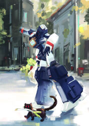 Rule 34 | absurdres, assault visor, bag, cat, chinese commentary, daier, decepticon, food, heart, highres, holding, holding bag, leaning forward, mecha, open hand, ravage (transformers), red eyes, robot, shoulder cannon, soundwave (transformers), spring onion, transformers, vegetable, walking
