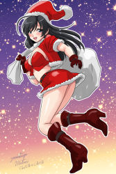 Rule 34 | 1girl, ahoge, alternate costume, artist name, belt, bikini, bikini top only, black belt, black eyes, black footwear, black gloves, black hair, blue sky, blush, boots, breasts, carrying over shoulder, commentary, dated, dutch angle, from behind, fur-trimmed jacket, fur-trimmed skirt, fur trim, girls und panzer, gloves, gradient sky, hat, high heel boots, high heels, holding, holding sack, isuzu hana, jacket, knee boots, long hair, looking at viewer, looking back, matsui yasutsugu, medium breasts, miniskirt, one-hour drawing challenge, open mouth, orange sky, outline, red bikini, red hat, red jacket, red skirt, sack, santa costume, santa hat, short sleeves, signature, skirt, sky, smile, solo, standing, star (sky), starry sky, swimsuit, white outline