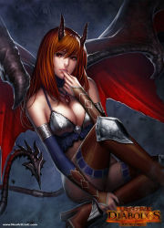 Rule 34 | 1girl, bare shoulders, boots, breasts, cleavage, copyright name, demon girl, demon horns, demon tail, demon wings, diabolos: tears of sorrow, elbow gloves, fangs, gloves, high heel boots, high heels, horns, jewelry, large breasts, long hair, looking at viewer, md5 mismatch, neoartcore, pendant, red eyes, red hair, resized, resolution mismatch, sitting, solo, source smaller, tail, thigh boots, thighhighs, upscaled, watermark, web address, wings