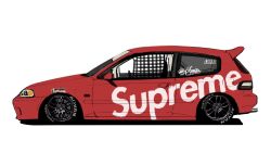 Rule 34 | car, from side, highres, hikageno, honda, honda civic, motor vehicle, no humans, original, red car, shadow, simple background, sponsor, spoon sports, supreme (brand), vehicle focus, white background
