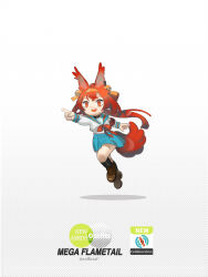 Rule 34 | 1girl, animal ears, arknights, armband, black socks, blue skirt, brown footwear, character name, cosplay, crossover, flametail (arknights), gradient background, hair ribbon, highres, hirano aya, knee up, long hair, norizc, open mouth, orange ribbon, pointing, pointing forward, ponytail, red armband, red eyes, red hair, red ribbon, ribbon, shirt, shoes, simple background, skirt, smile, socks, solo, squirrel ears, squirrel tail, suzumiya haruhi, suzumiya haruhi (cosplay), suzumiya haruhi no yuuutsu, tail, teeth, upper teeth only, voice actor connection, white background, white shirt