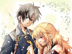 Rule 34 | 1boy, 1girl, aqua eyes, bare shoulders, blonde hair, blush, clenched teeth, detached sleeves, grey hair, long hair, ludger will kresnik, milla (fractured), multicolored hair, necktie, open mouth, red eyes, short hair, tales of (series), tales of xillia, tales of xillia 2, tears, teeth