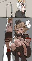 Rule 34 | 2girls, :q, black headwear, black skirt, blonde hair, blue eyes, breasts, closed mouth, eighth note, garrison cap, girls&#039; frontline, hat, highres, holding, holding pencil, licking lips, medium breasts, military, military hat, military uniform, mp40 (girls&#039; frontline), mp41 (girls&#039; frontline), multiple girls, musical note, navel, notebook, open clothes, open shirt, pencil, red eyes, shaded face, shirt, short hair, skirt, smile, speech bubble, spoken musical note, squatting, sweatdrop, thigh strap, tongue, tongue out, toryu fufu, uniform, wehrmacht, white shirt, writing