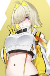Rule 34 | 1girl, ahoge, black gloves, black sports bra, blonde hair, breasts, clothing cutout, crop top, crop top overhang, cropped sweater, elegg (nikke), gloves, goddess of victory: nikke, grin, hair intakes, hair over eyes, highres, large breasts, long bangs, long sleeves, looking at viewer, multicolored clothes, multicolored gloves, multicolored hair, navel, purple eyes, short hair, shoulder cutout, smile, solo, sports bra, suspenders, two-tone hair, v, yellow gloves, yorugami rei