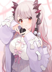 Rule 34 | 1girl, nanashi inc., absurdres, bare shoulders, blurry, blurry background, bow, breasts, cleavage, commentary request, depth of field, dress, eyebrows hidden by hair, hair ornament, hands up, headphones, headphones around neck, heart, heart hands, highres, honey strap, jacket, large breasts, long hair, long sleeves, multicolored hair, off shoulder, open clothes, open jacket, pink bow, pink dress, pink hair, puffy long sleeves, puffy sleeves, purple jacket, red eyes, red hair, ribbon, second-party source, shigure ui, sleeveless, sleeveless dress, sleeves past wrists, streaked hair, suou patra, sweater, two side up, very long hair, virtual youtuber, white dress