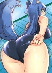 Rule 34 | 1girl, adjusting clothes, adjusting swimsuit, animal ear fluff, animal ears, ass, blue hair, blue one-piece swimsuit, breasts, chain-link fence, cloud, fence, fox ears, fox girl, fox tail, from behind, from below, fuyubare kiyo, green eyes, highres, kyu (wein-seria), leaning forward, long hair, looking back, one-piece swimsuit, open mouth, original, outdoors, school swimsuit, sketch, sky, solo, swimsuit, tail, thighs