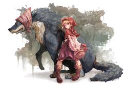 Rule 34 | 1girl, apron, basket, blonde hair, boots, capelet, dress, grimm&#039;s fairy tales, hood, little red riding hood, little red riding hood (grimm), standing, wolf, yacco