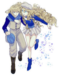 Rule 34 | 2girls, :d, ;d, arm around neck, blonde hair, blue eyes, blue footwear, blue headwear, blue scarf, blue shirt, boots, brown footwear, character request, check character, cherish (konjiki no gash!!), choker, cross-laced footwear, full body, grey pants, hair between eyes, hand on another&#039;s hip, hat, unworn hat, unworn headwear, highres, holding, holding clothes, holding hat, knee boots, konjiki no gash!!, lace-up boots, long hair, long sleeves, looking at another, looking away, miniskirt, multiple girls, nicole (konjiki no gash!!), one eye closed, open mouth, outstretched arms, ozaki (tsukiko3), pants, pants tucked in, scarf, shirt, sidelocks, skirt, smile, square, thigh gap, very long hair, vest, walking, wavy hair, white background, white headwear