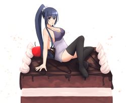 Rule 34 | 1girl, artist request, bad id, black thighhighs, breasts, cake, camisole, female focus, food, honda futayo, kyoukaisenjou no horizon, large breasts, purple eyes, see-through, solo, thighhighs