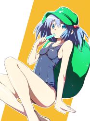 Rule 34 | 1girl, backpack, bag, blue eyes, blue hair, breasts, food, hair bobbles, hair ornament, hat, highres, kawashiro nitori, key, looking at viewer, matching hair/eyes, nirap, one-piece swimsuit, popsicle, school swimsuit, sitting, small breasts, solo, swimsuit, touhou, twintails, two side up