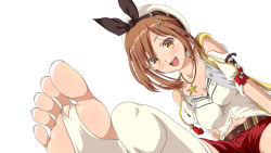 Rule 34 | 1girl, atelier (series), atelier ryza, atelier ryza 1, barefoot, belt, bridal legwear, brown belt, brown eyes, brown hair, commentary request, feet, foot focus, happy, highres, jewelry, leather belt, looking at viewer, necklace, open mouth, raimaiedai, red shorts, reisalin stout, revision, short hair, shorts, sitting, smile, soles, solo, star (symbol), star necklace, teeth, toeless legwear, toes