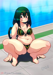 Rule 34 | 1girl, :&gt;, arm support, artist name, asui tsuyu, bad id, bad twitter id, bikini, blue eyes, blush, boku no hero academia, breasts, closed mouth, cloudxmoe, english text, full body, green bikini, green hair, hair between eyes, highres, large hands, long hair, medium breasts, navel, patreon logo, patreon username, pavement, plump, pool, poolside, shadow, solo, spanish commentary, spread legs, squatting, swimsuit, thick arms, thick thighs, thighs, tongue, tongue out, water