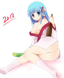 Rule 34 | 10s, 1girl, 2013, blue eyes, blue hair, blush, breasts, cleft of venus, dildo, japanese clothes, kimono, looking at viewer, matching hair/eyes, nipples, pussy, sex toy, snake, solo, tanuxu, uncensored